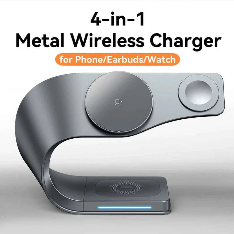 4‑in‑1 Wireless Charger Metal Shell for iPhone, AirPods & Watch-Gray