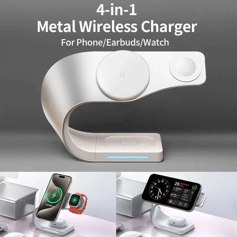 4‑in‑1 Wireless Charger Metal Shell for iPhone, AirPods & Watch-Gray