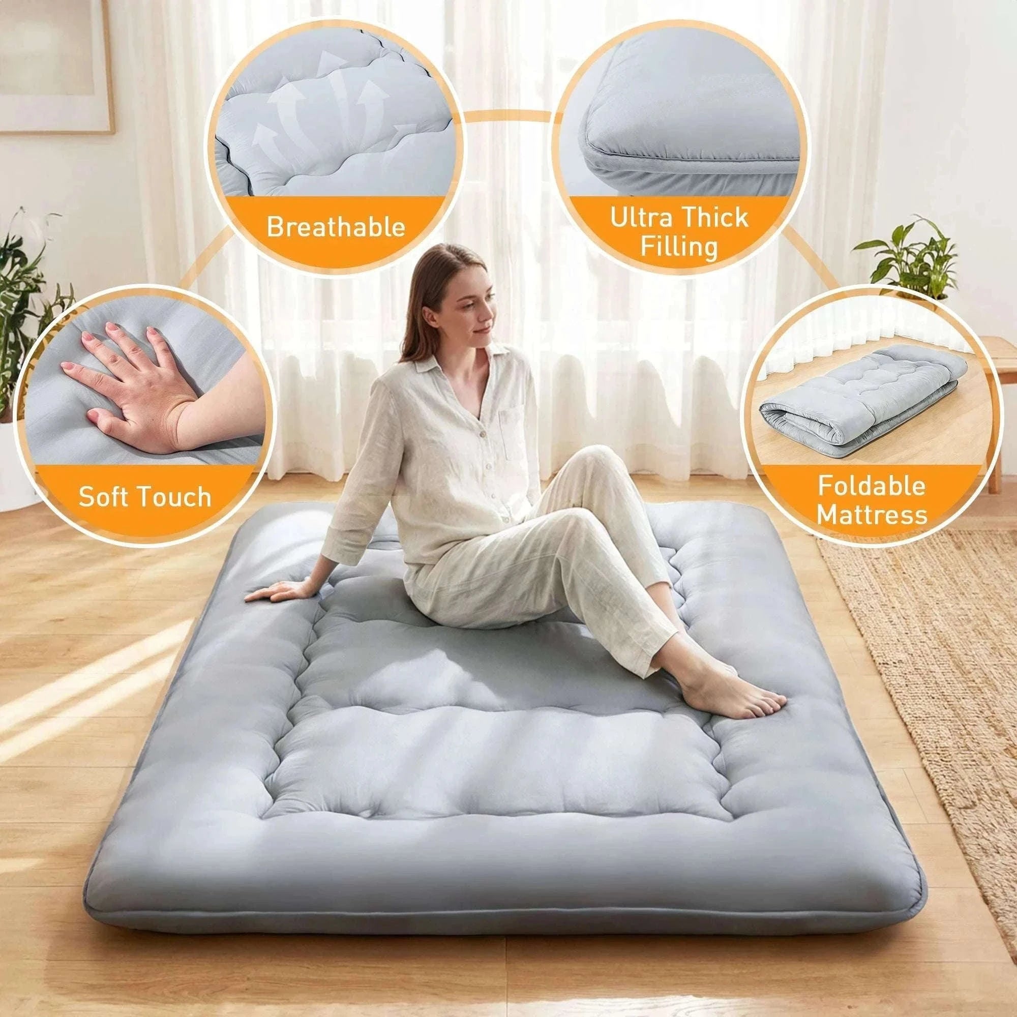 4 Inch Foldable Floor Mattress with Washable Cover and Storage Bag-Gray / Queen / United States