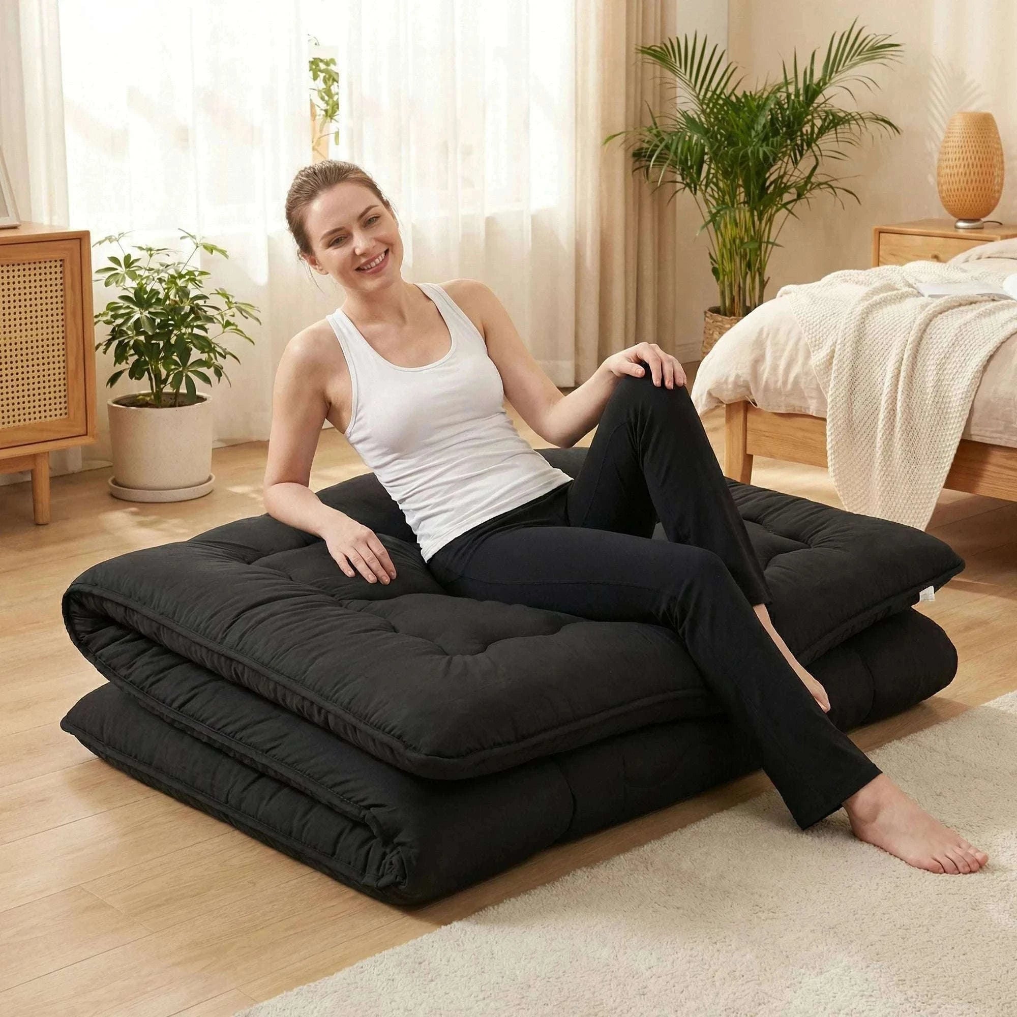 4 Inch Foldable Floor Mattress with Washable Cover and Storage Bag-Gray / Queen / United States