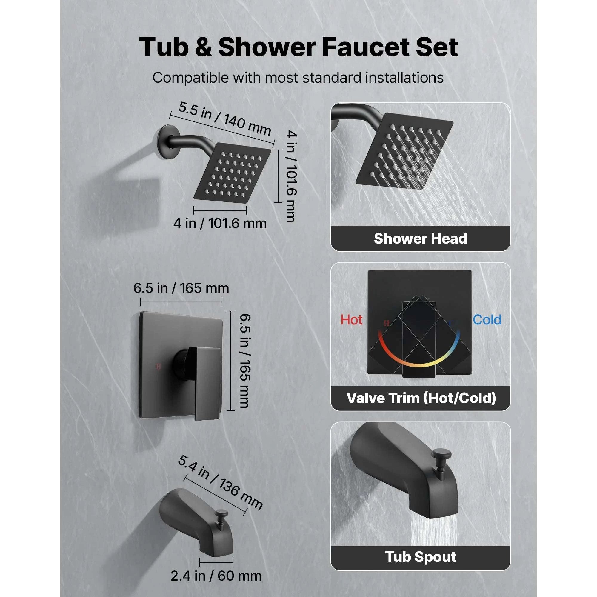 4-Inch Rainfall Shower Head Tub & Shower Faucet Set Black-4inch / United States