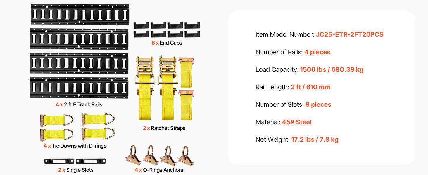 4 Pack 2ft E-Track Tie-Down Rail Kit with Rings & Anchors-4 Pack / United States