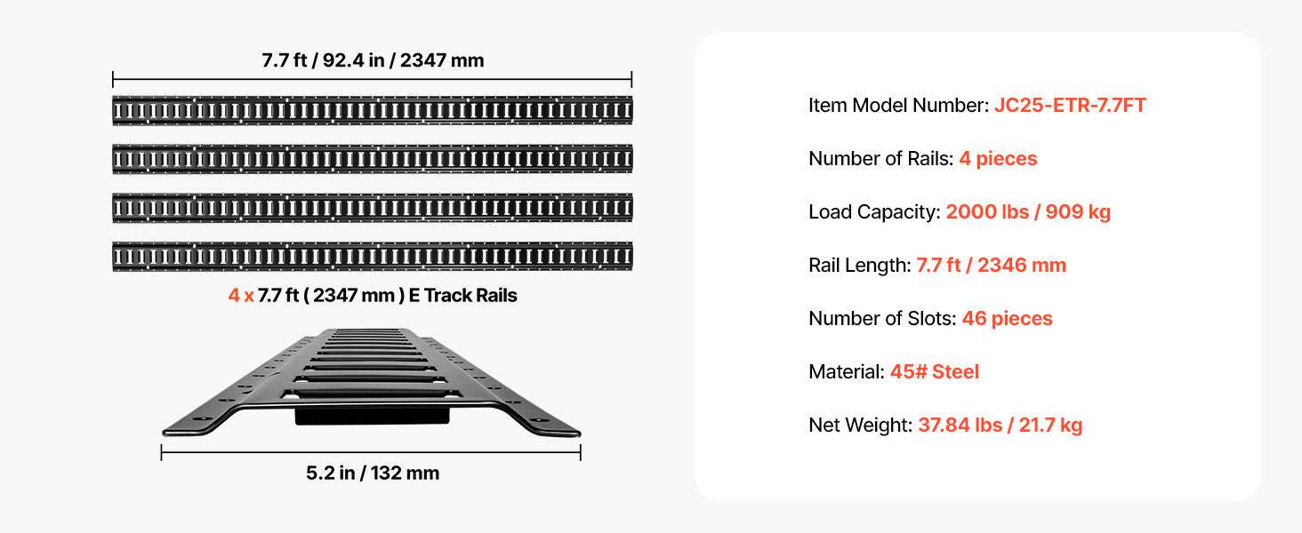 4-Pack 7.7ft E-Track Tie-Down Rails 2000 lb Cargo System-4 Pack / United States
