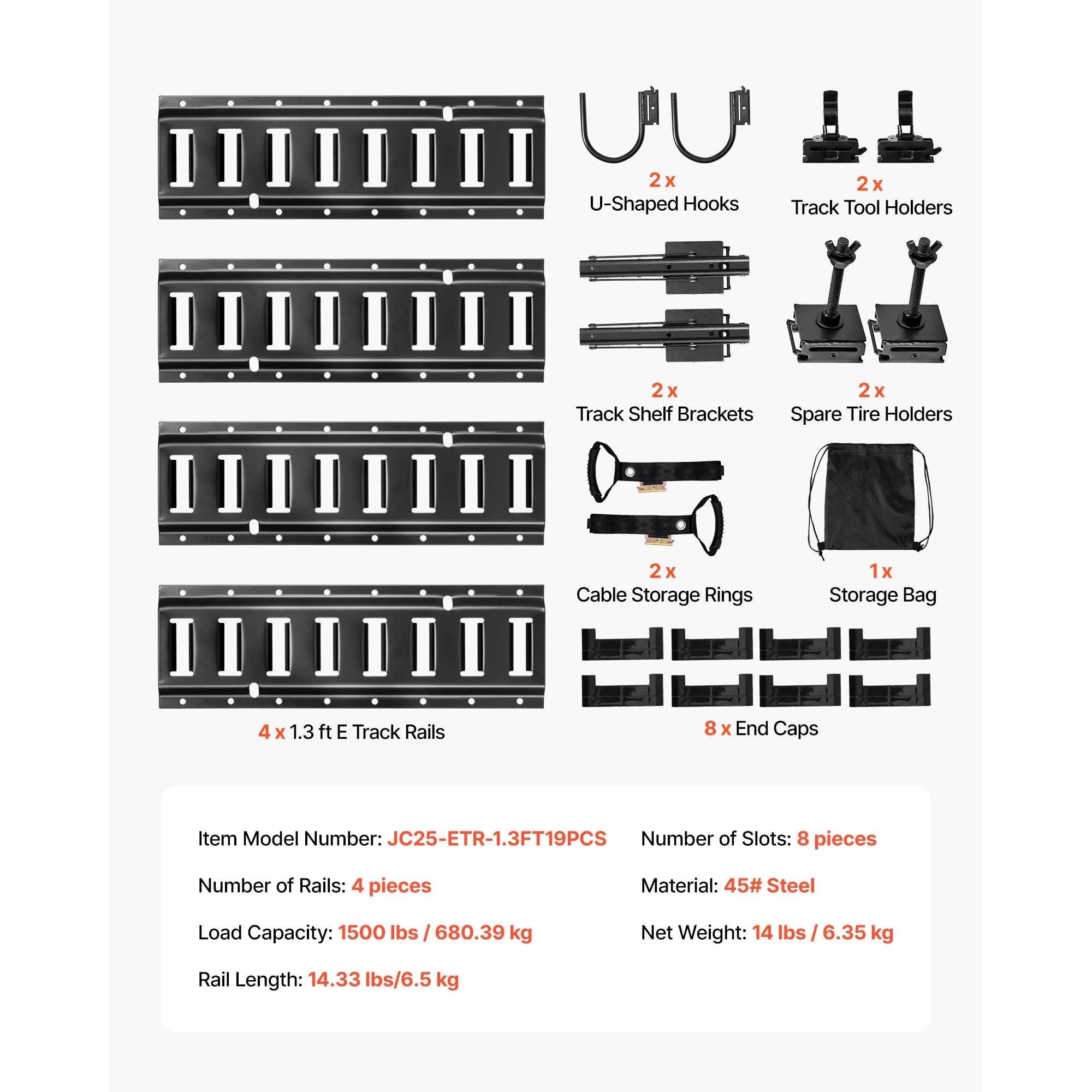 4 Pack E-Track Tie-Down Rail Kit with Hooks, Shelves & Tire Holders-4 Pack / United States