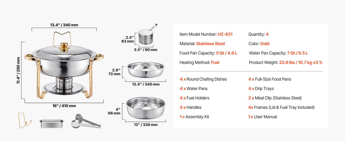 4-Pack Stainless Steel Chafing Dish Set with Full-Size Pans-gold / United States