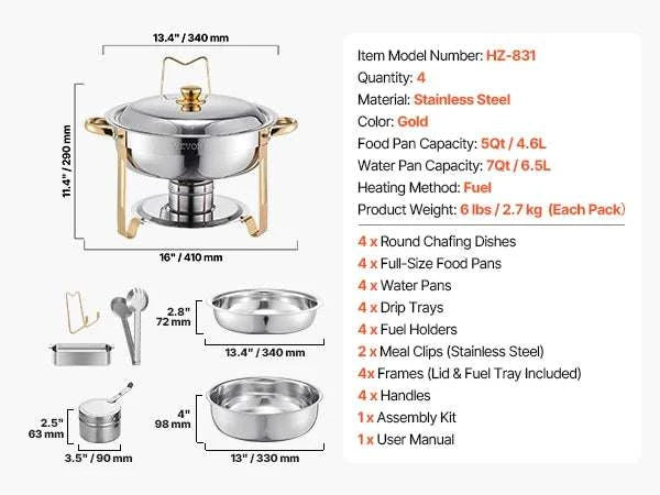 4 Pack Stainless Steel Chafing Dish Set with Full-Size Pans-gold / United States