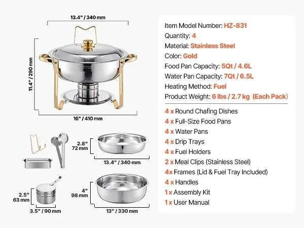 4 Pack Stainless Steel Chafing Dish Set with Full-Size Pans-gold / United States