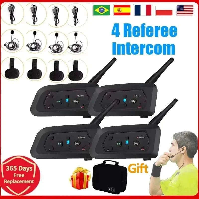 4-Person Referee Intercom Headset V4C 1200m Full Duplex Bluetooth-V4Cx4 add Handbag