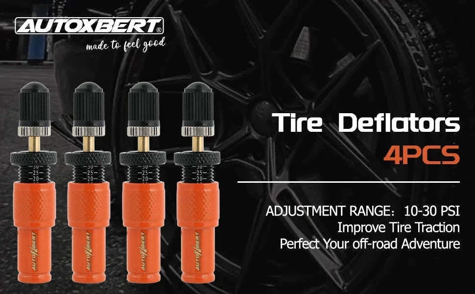 4-Piece Adjustable Auto-Stop Tire Deflator Kit 10-30 PSI Orange-Default Title