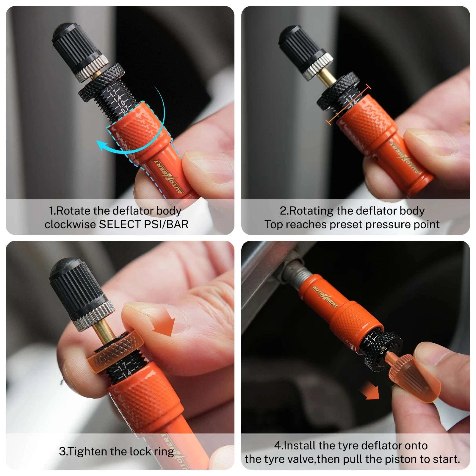4-Piece Adjustable Auto-Stop Tire Deflator Kit 10-30 PSI Orange-Default Title