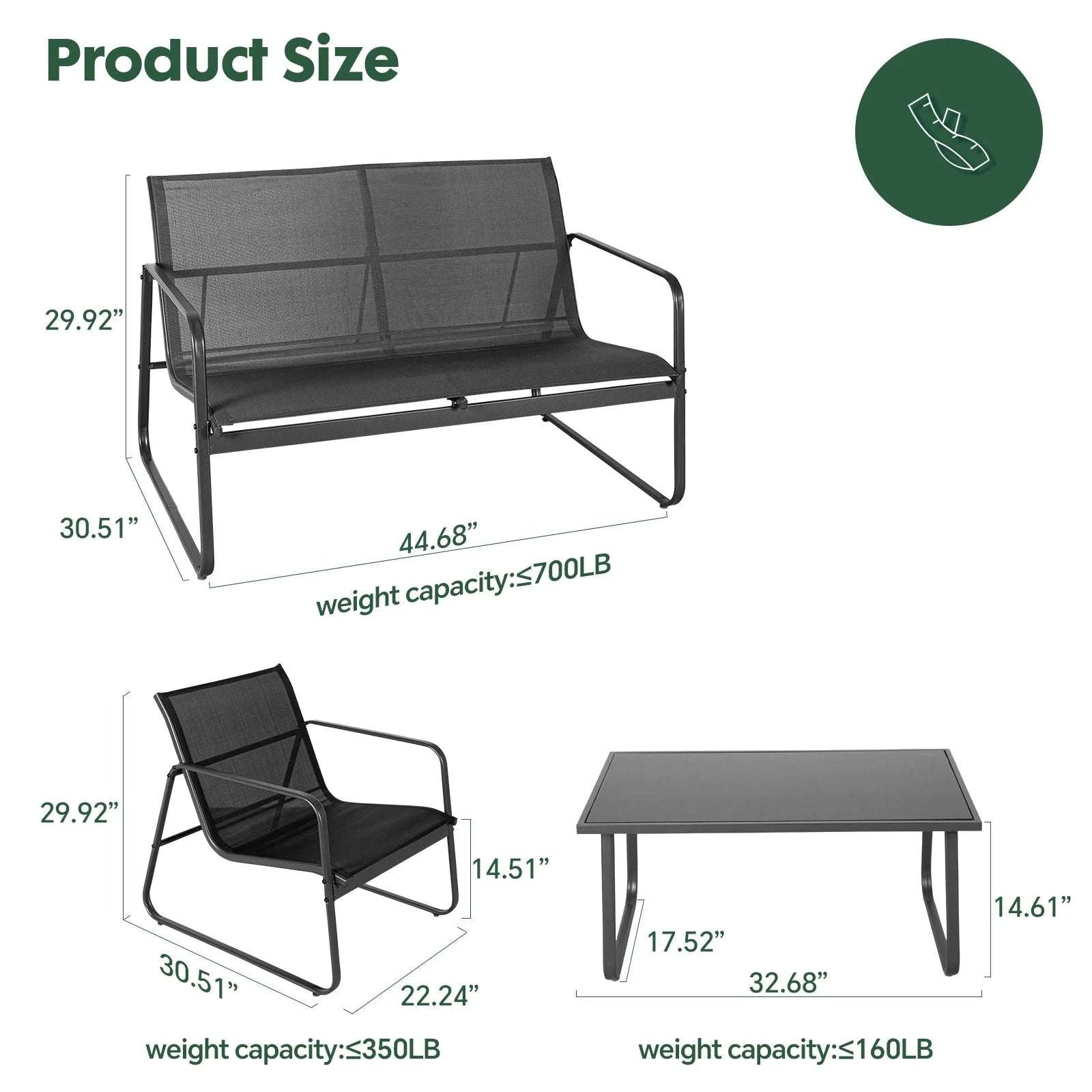 4-Piece Outdoor Patio Furniture Set with Table & Mesh Seating-black / United States