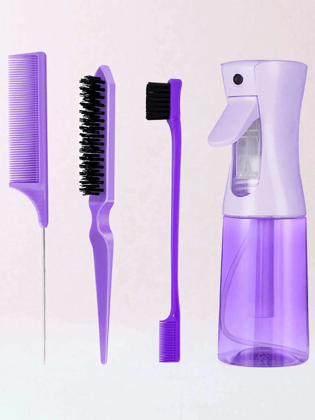 4-Piece Slick Back Hair Styling Kit with Edge Brush & Spray Bottle-Pink / United States