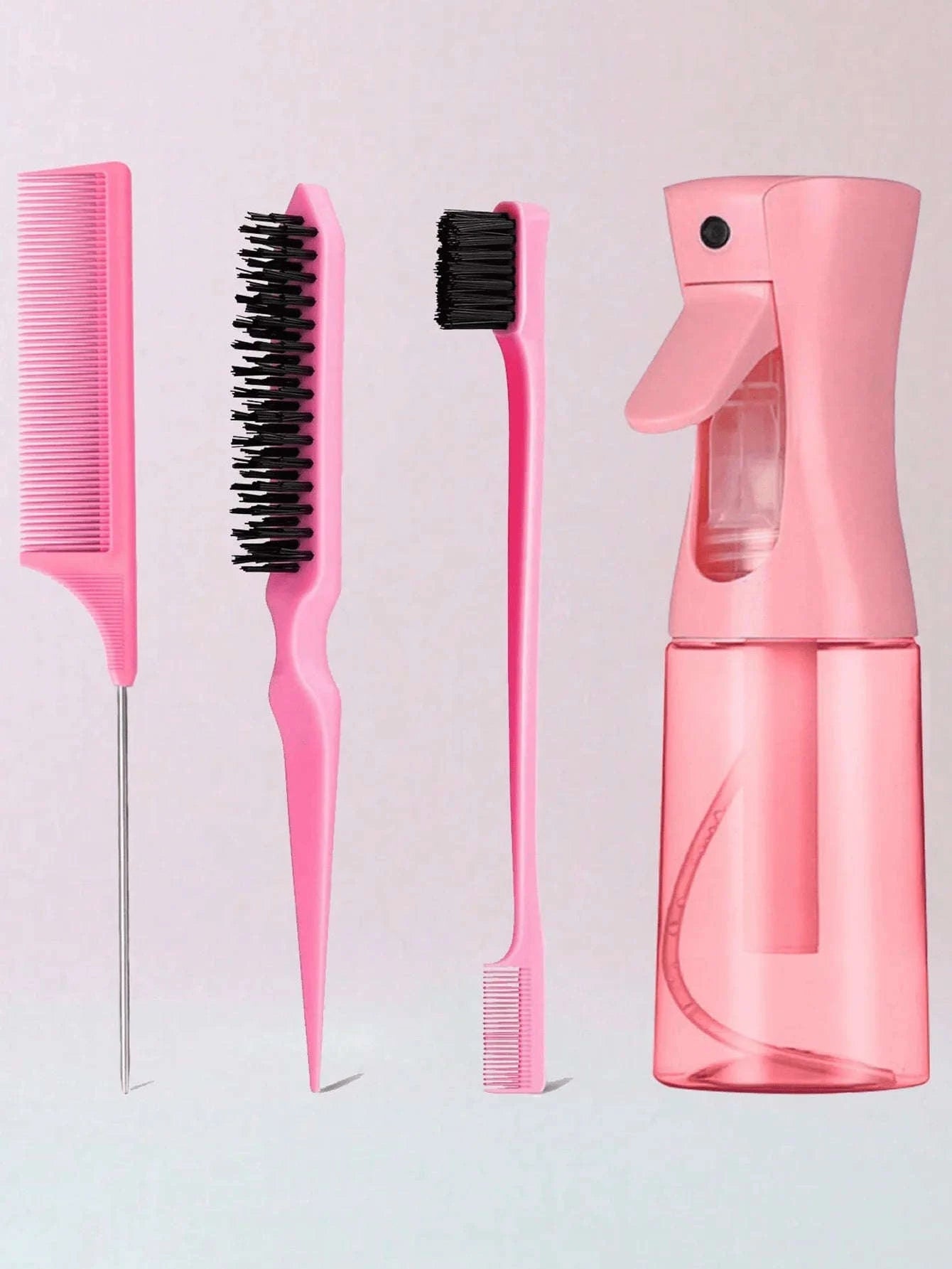 4-Piece Slick Back Hair Styling Kit with Edge Brush & Spray Bottle-Pink / United States