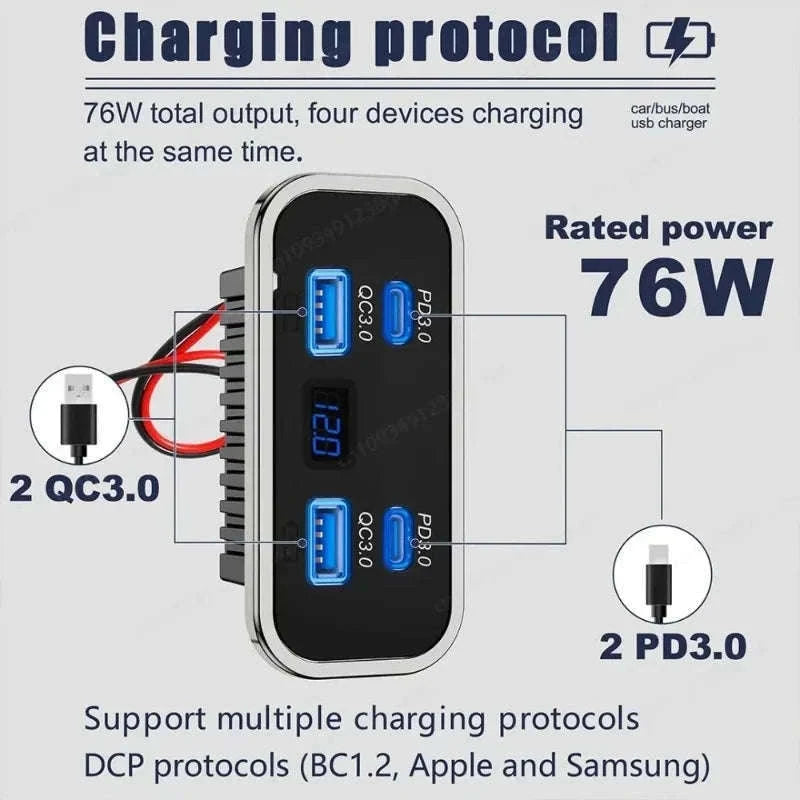 4-Port 12-24V USB Outlet Fast Charging Socket-UCC-4Port-Voltmeter