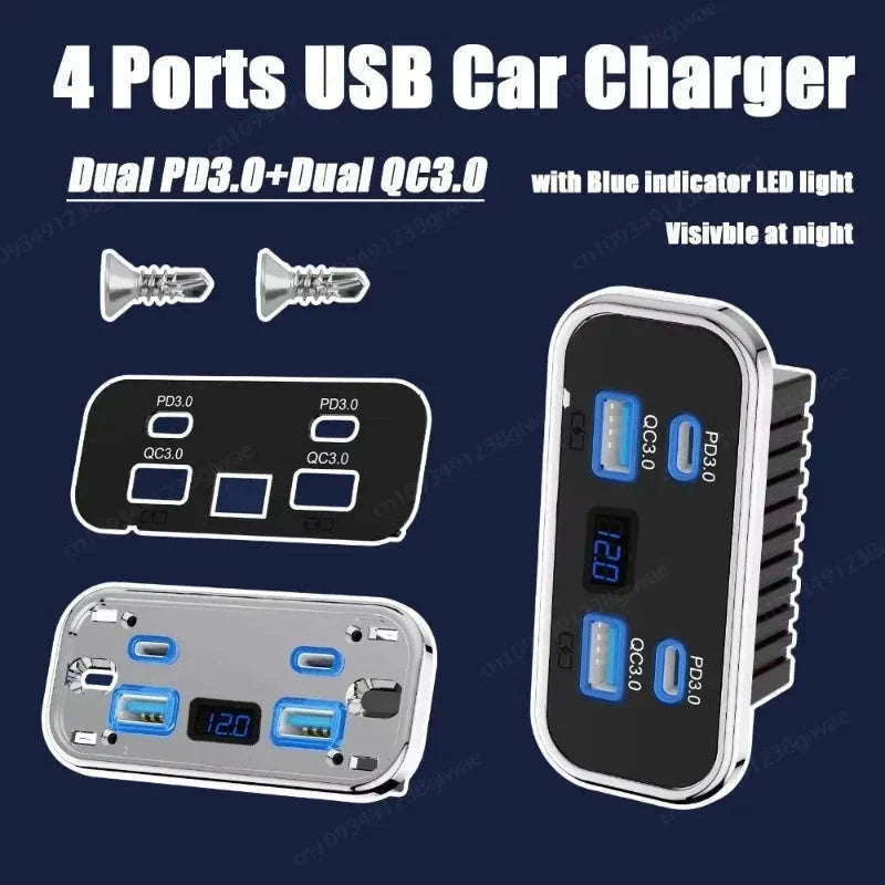 4-Port 12-24V USB Outlet Fast Charging Socket-UCC-4Port-Voltmeter