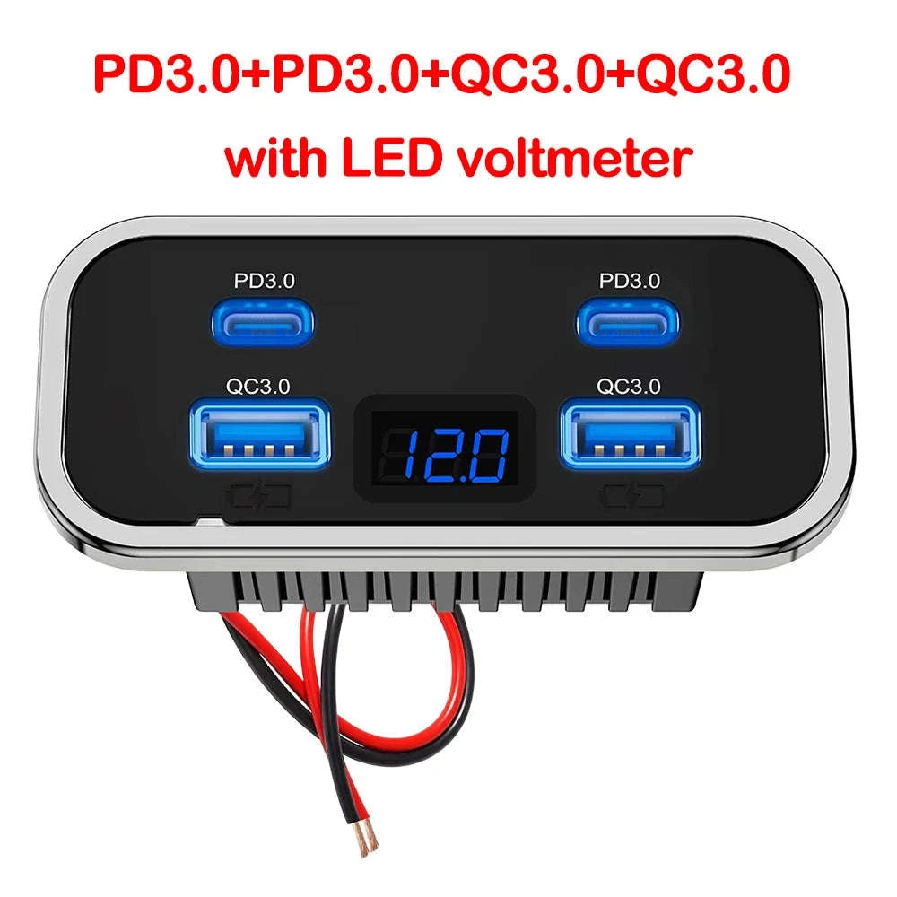 4-Port 12-24V USB Outlet Fast Charging Socket-UCC-4Port-Voltmeter