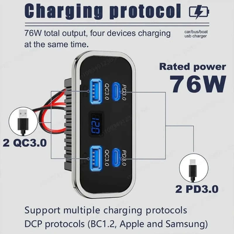 4-Port 12-24V USB Outlet Fast Charging Socket-UCC-4Port-Voltmeter