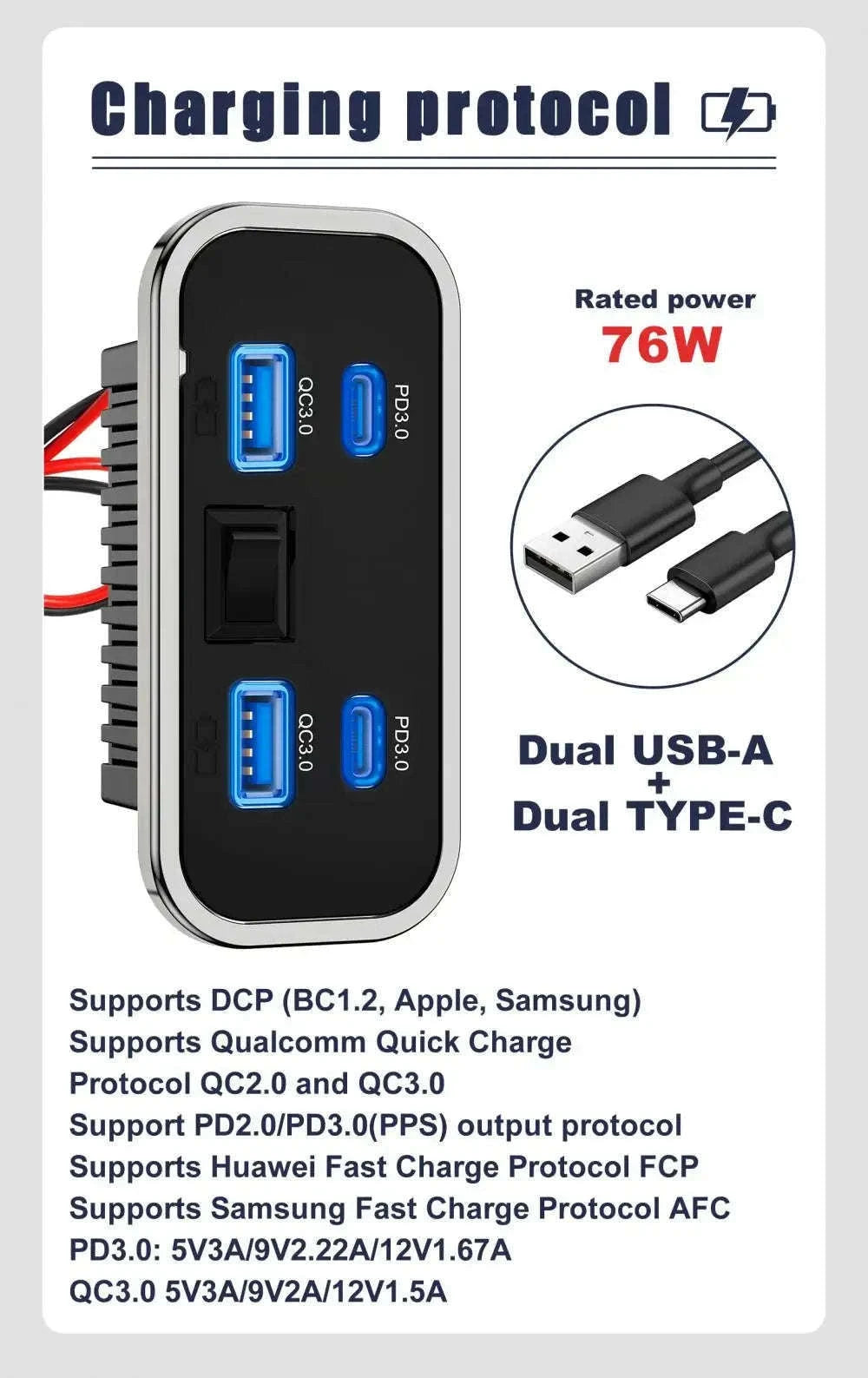 4-Port 12V/24V Car USB Socket Charger with Dual USB-C and Dual USB-A-2USB 2 Type C -B / China Mainland