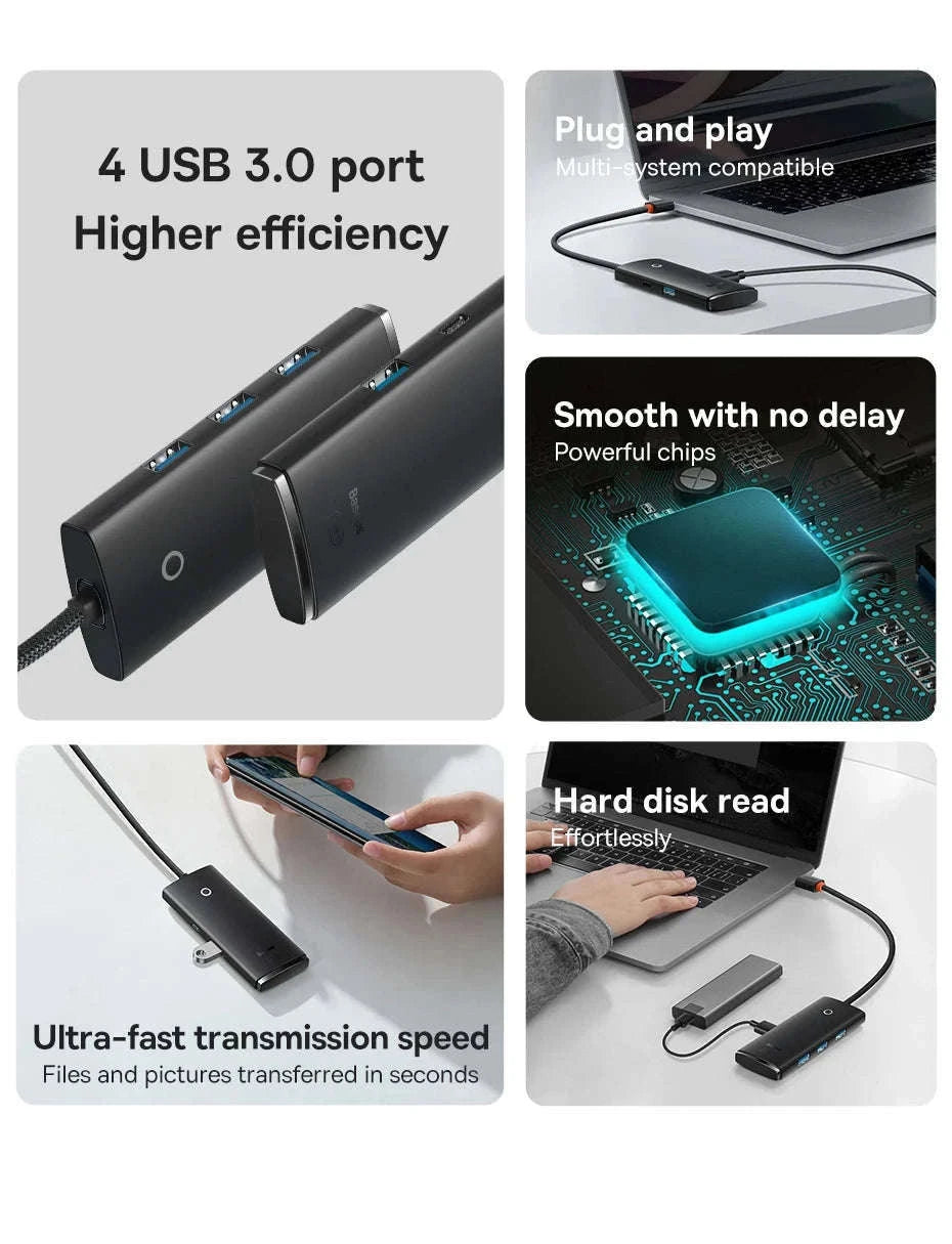 4-Port USB-C to USB 3.0 Hub Adapter, 5Gbps Transfer-USB A HUB 1m Black