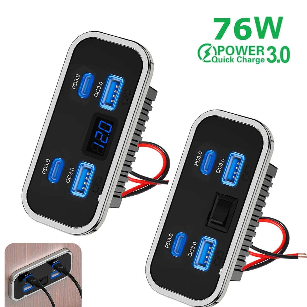 4 Ports 12V RV USB Outlet 76W Dual PD3.0 Type-C Quick Charge & QC3.0 Panel Wall Mount Charger Adapter For Marine Bus ATV Truck-4 Ports-Black