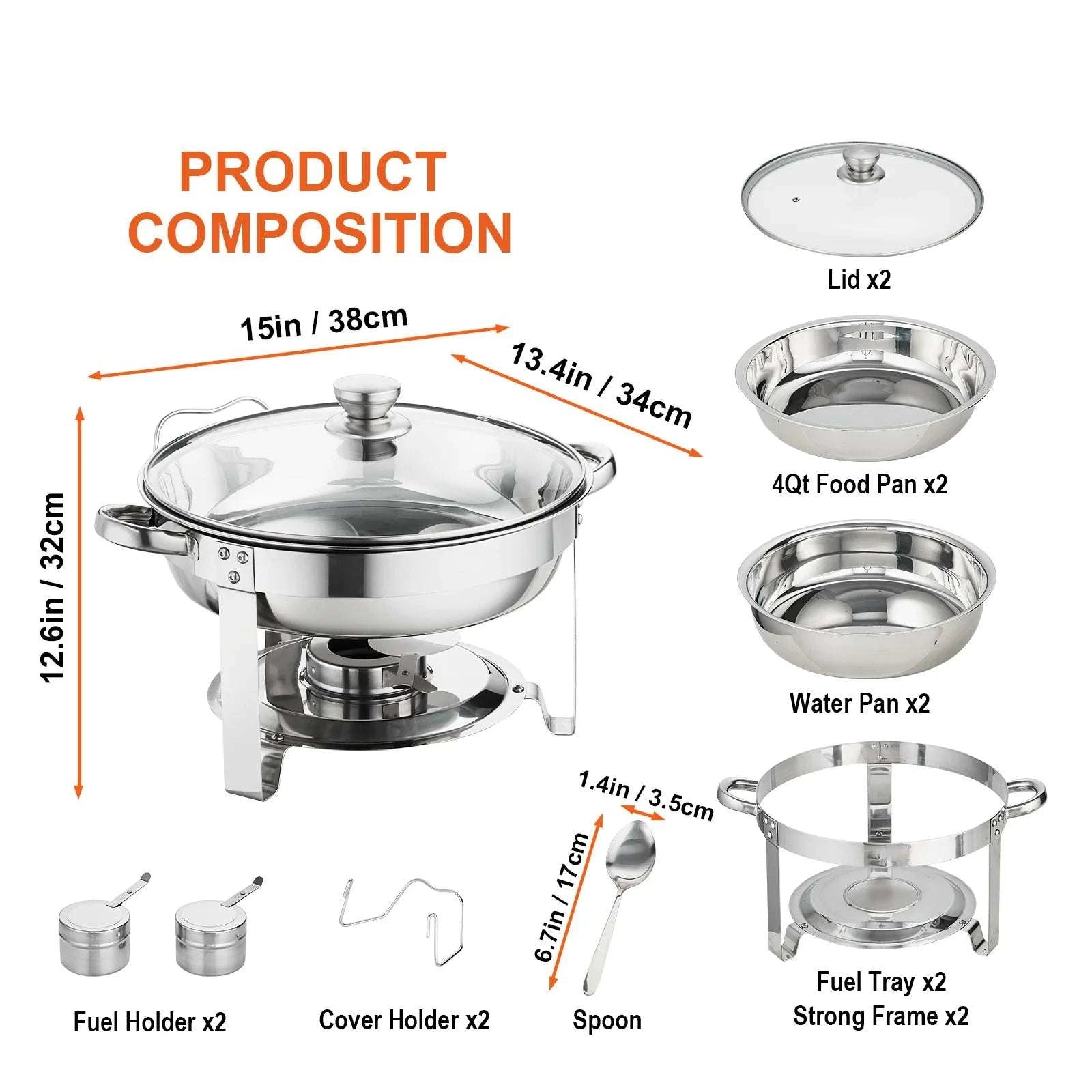 4 Qt Round Chafing Dish Buffet Set with Glass Lid (2 Pack)-2 Packs / United States