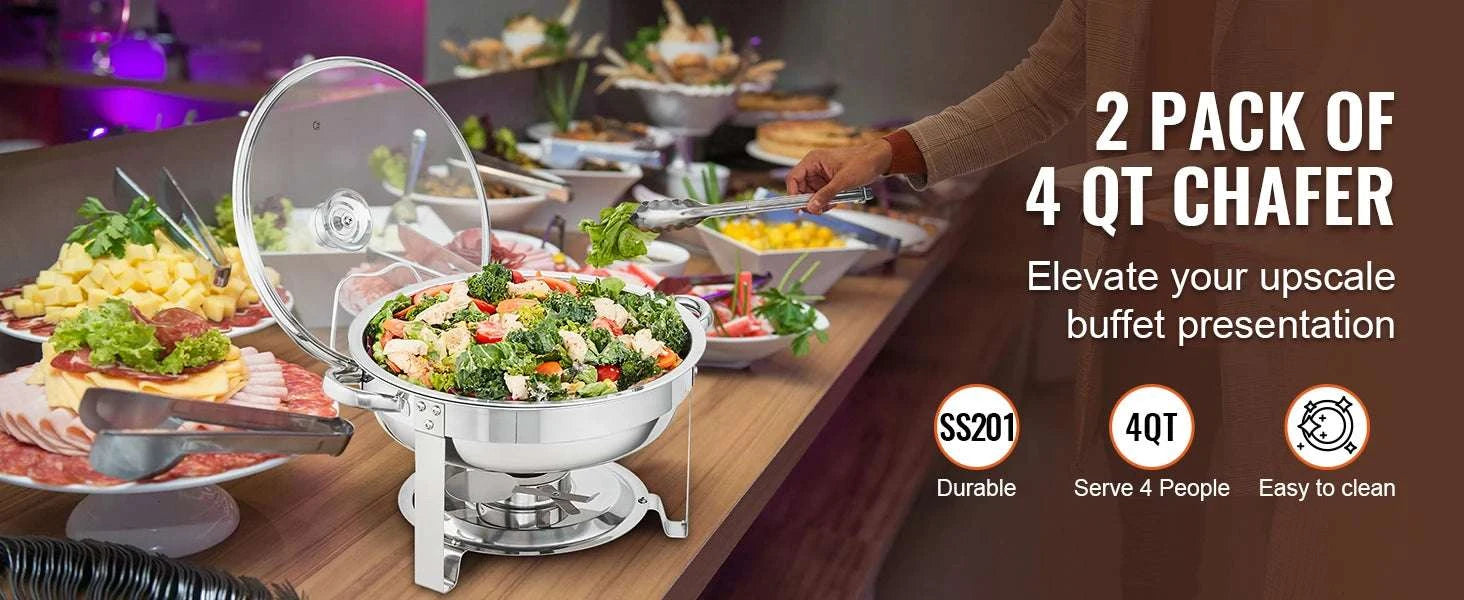 4 Qt Round Chafing Dish Buffet Set with Glass Lid (2 Pack)-2 Packs / United States
