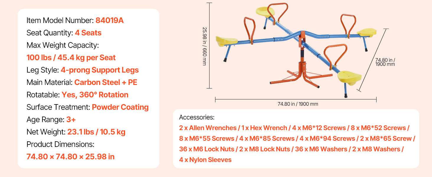 4-Seat Kids Seesaw with 360° Spin & Stable Support Legs-4 Seats / United States