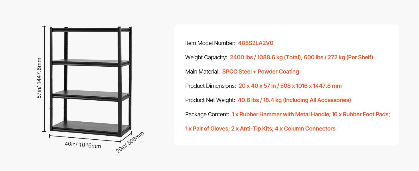 4-Tier Adjustable Garage Storage Shelves 2400 lb Heavy Duty Rack-20 x 40 x 57 in / UNITED KINGDOM
