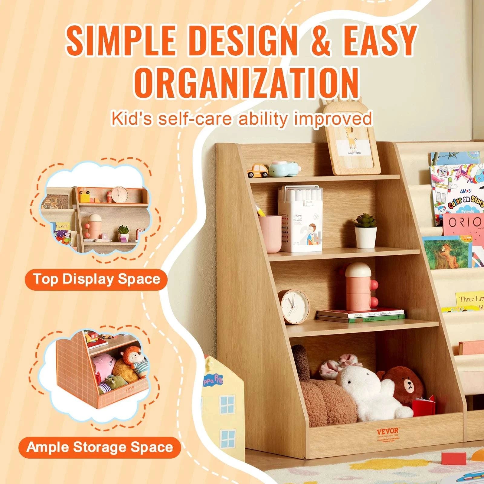 4-Tier Kids Bookshelf with Sling Storage & 10 Compartments-4-Tier Wooden / United States