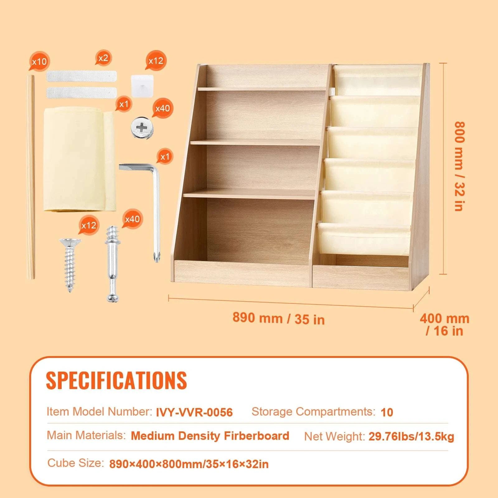 4-Tier Kids Bookshelf with Sling Storage & 10 Compartments-4-Tier Wooden / United States