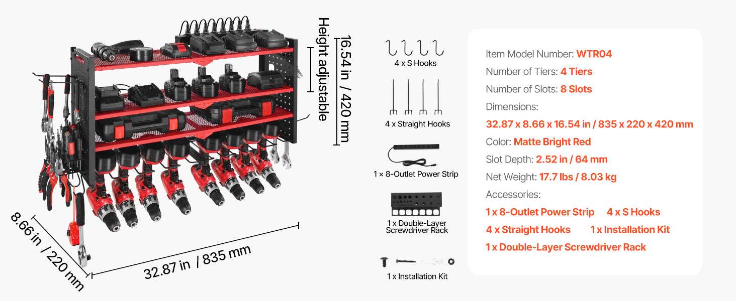 4-Tier Power Tool Organizer with Charging Station & Pegboard-
