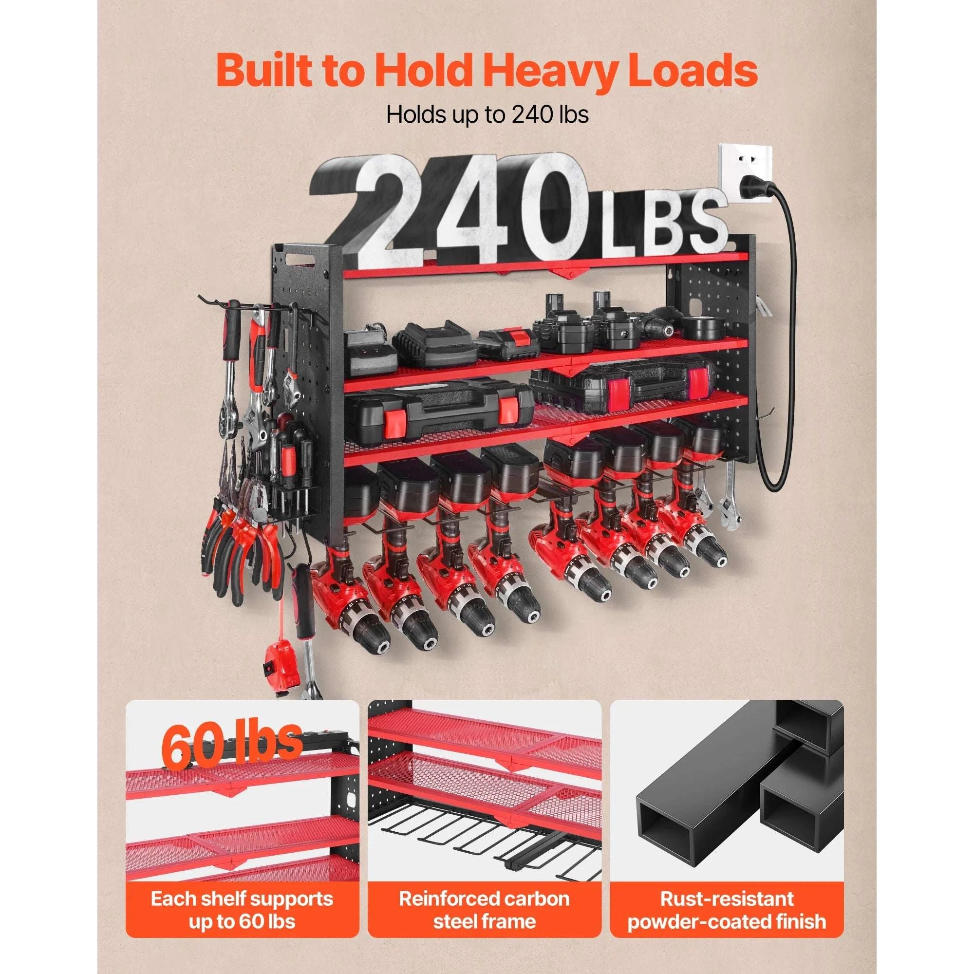 4-Tier Power Tool Organizer with Charging Station & Pegboard-