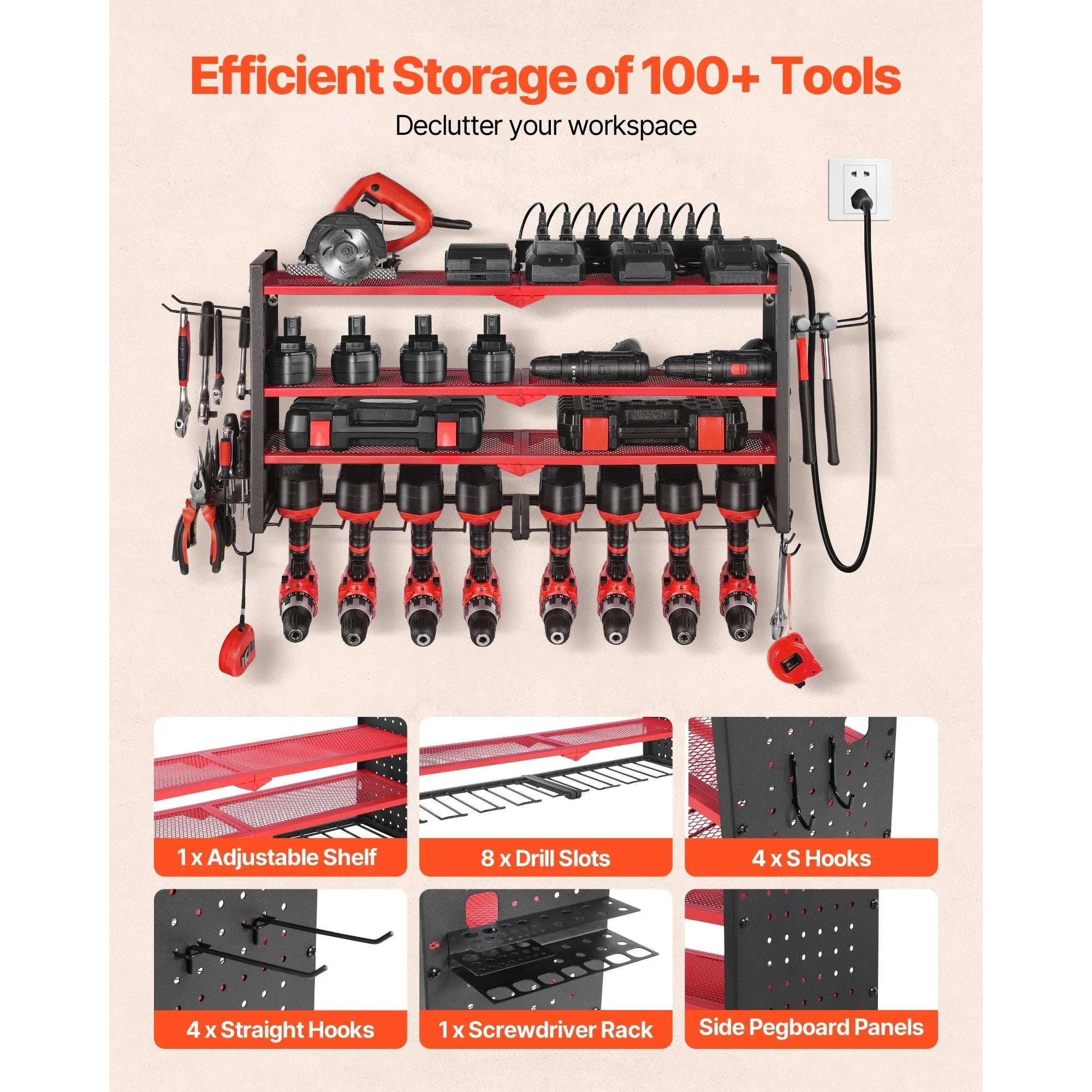 4-Tier Power Tool Organizer with Charging Station & Pegboard-