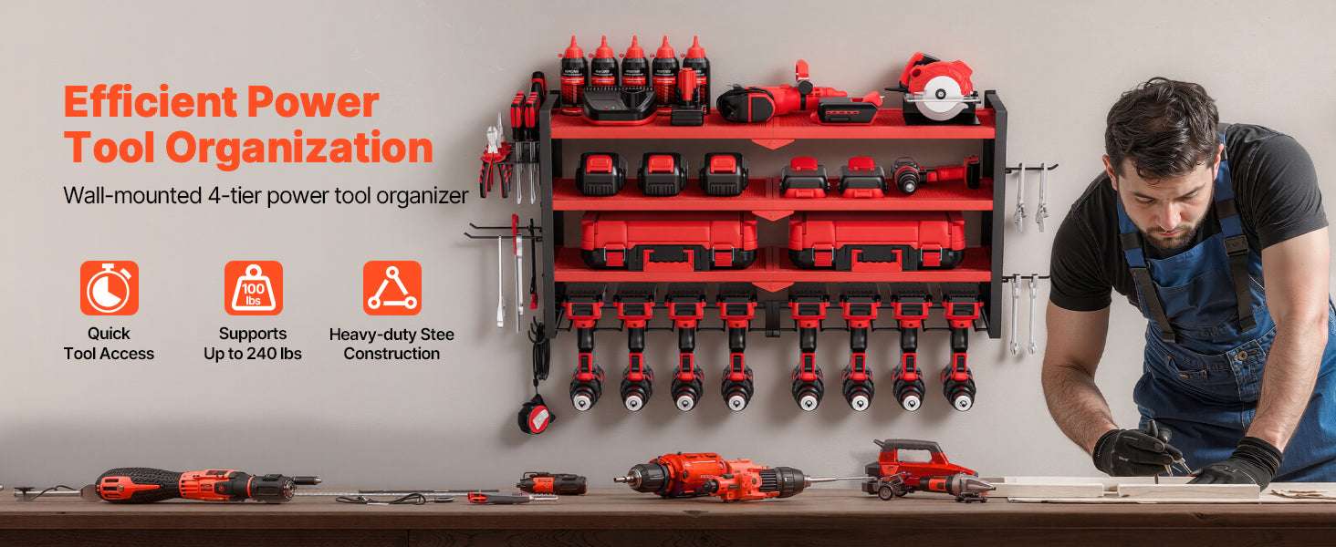 4-Tier Wall Mounted Power Tool Organizer Rack with Pegboard-4 Tiers / United States