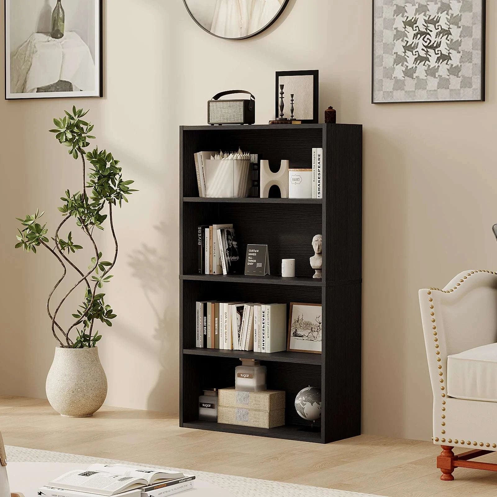 4 Tier Wooden Bookcase Open Shelf Storage for Home & Office-4 Shelf Black / United States