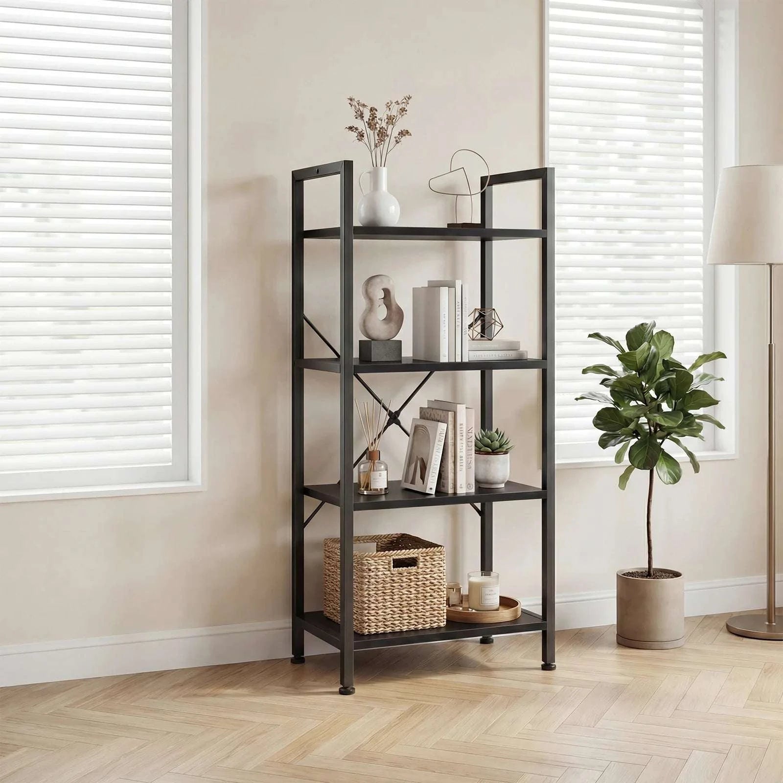 4 Tier Wooden Display Bookshelf with Metal Frame Storage Shelf-black / United States
