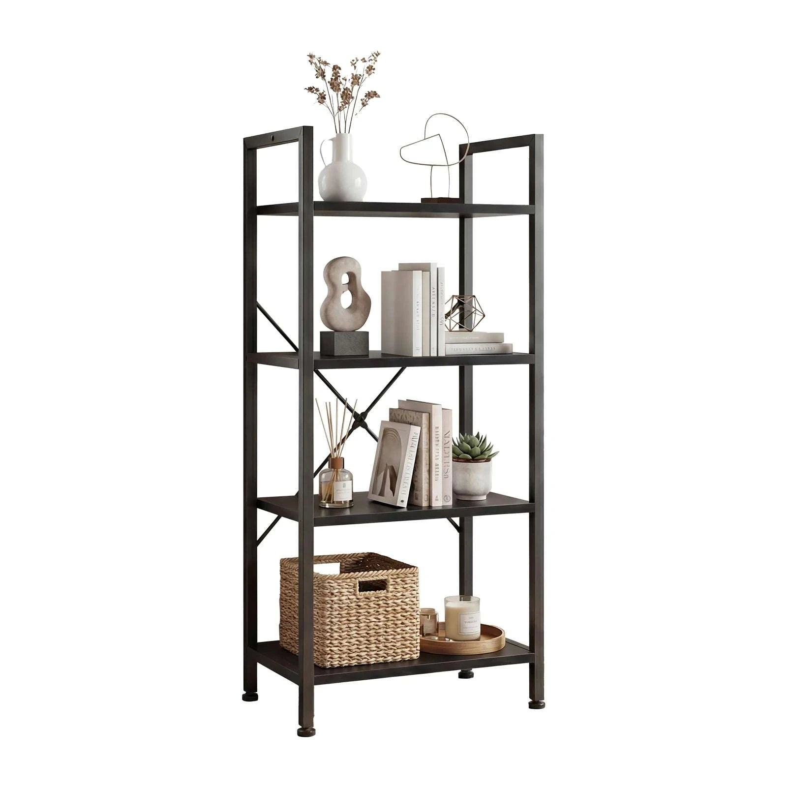4 Tier Wooden Display Bookshelf with Metal Frame Storage Shelf-black / United States