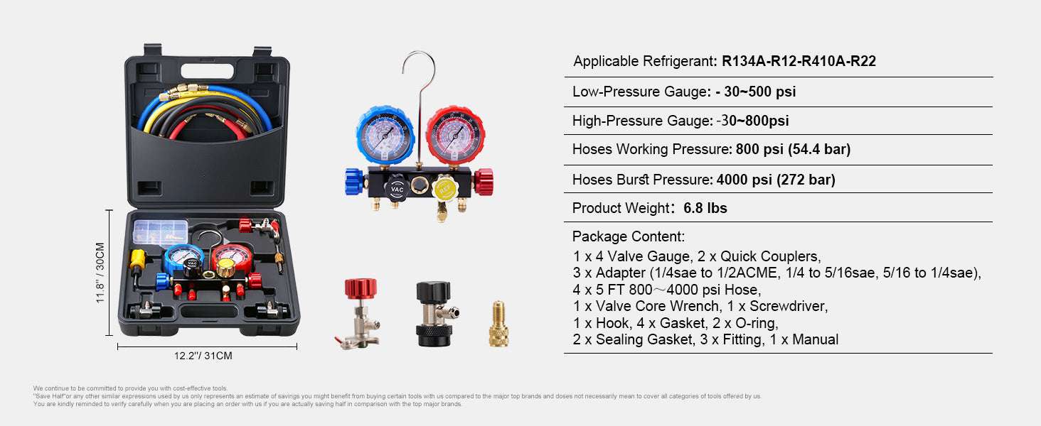 4-Way AC Manifold Gauge Set with 5ft Hoses for Refrigerant Service-United States