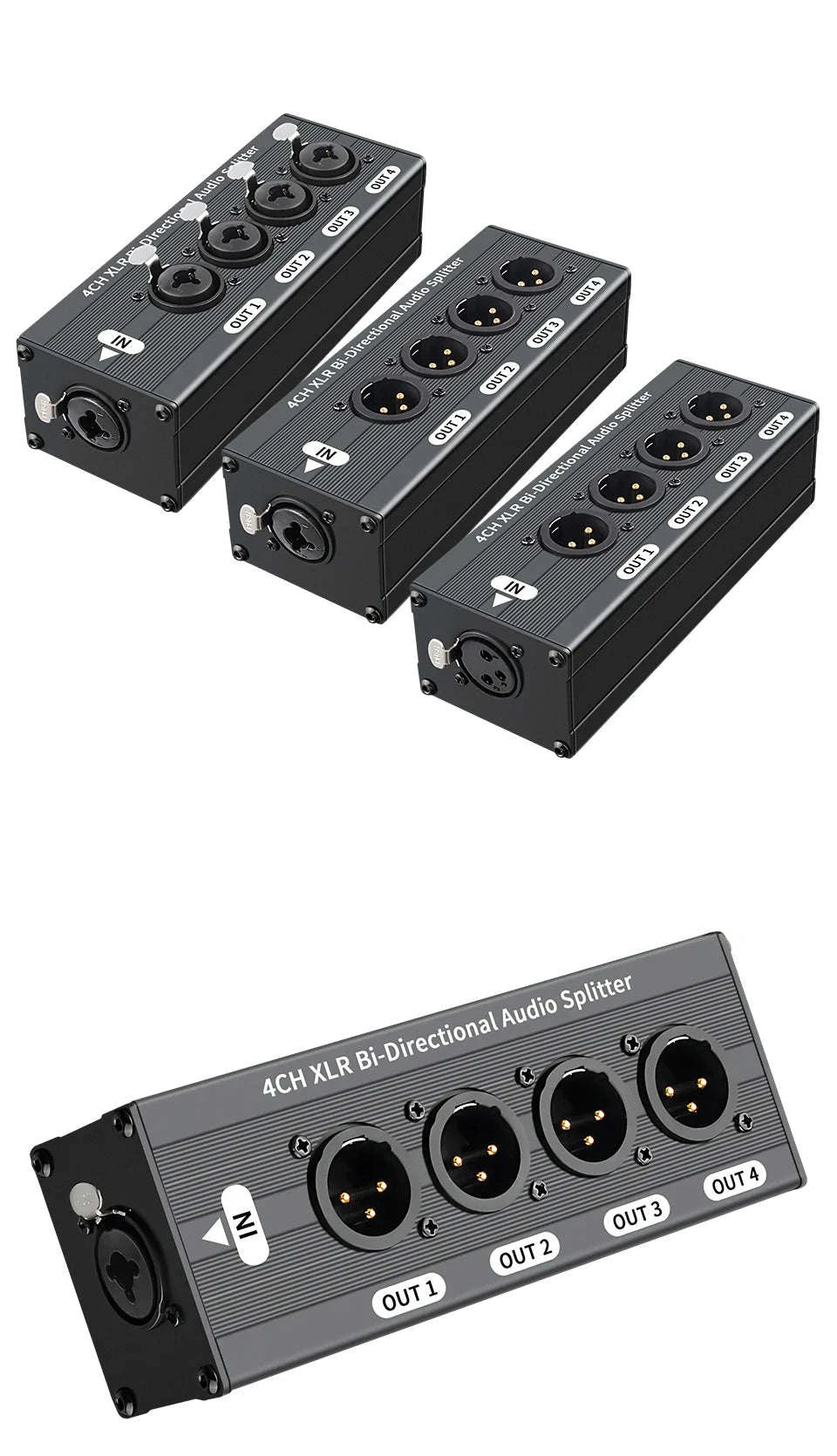 4-Way XLR Balanced Audio Splitter Box – 1 Input to 4 Outputs-Mode A