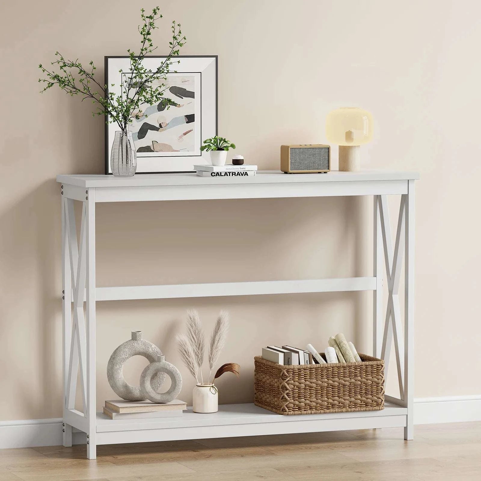 40" 2-Tier Console Table with Metal X-Frame – Modern Entryway Table-black / United States