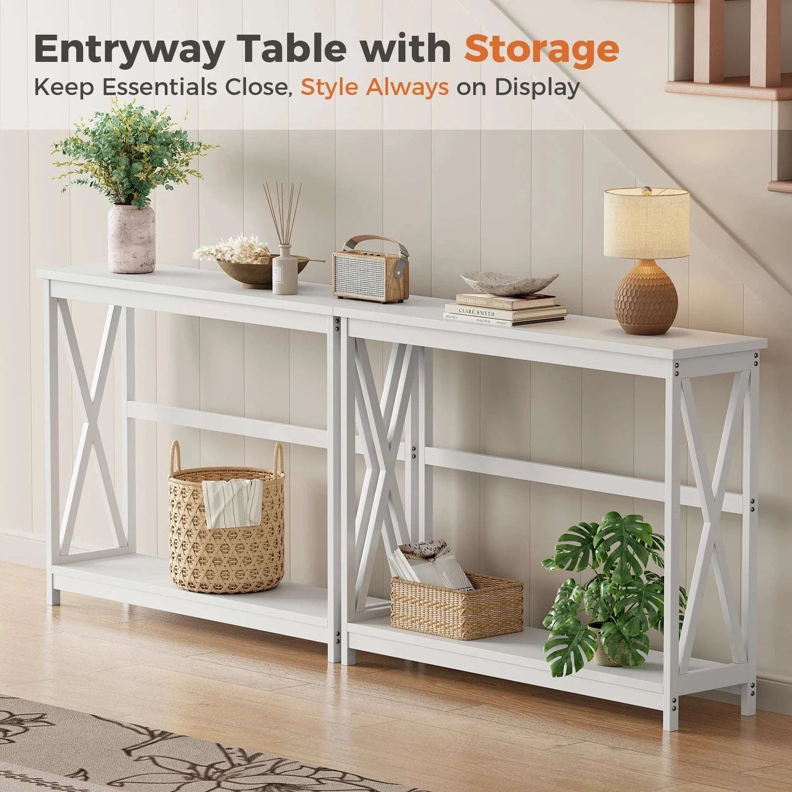 40" 2-Tier Console Table with Metal X-Frame – Modern Entryway Table-black / United States