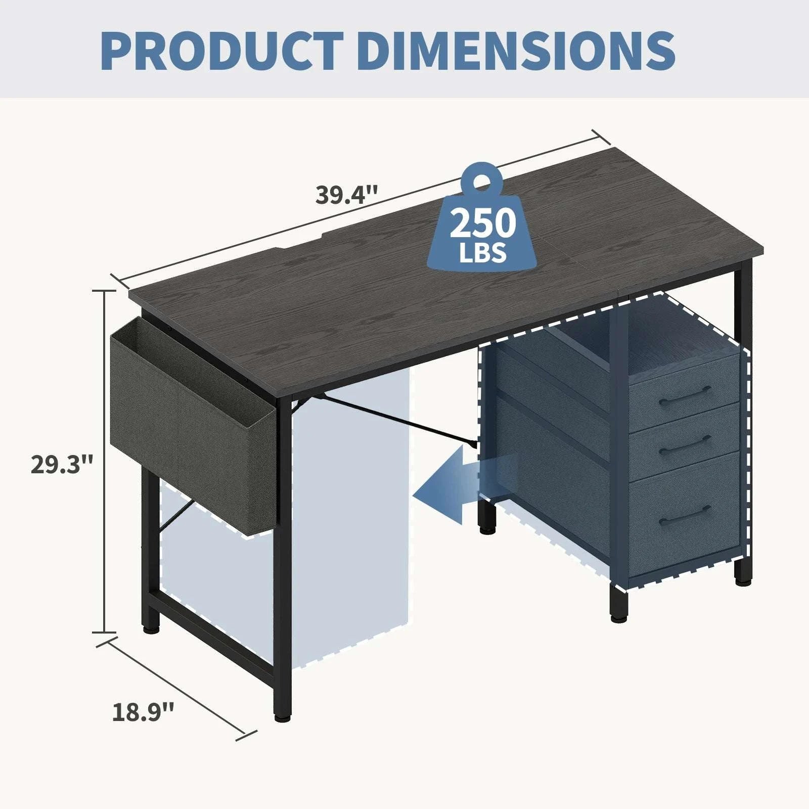 40 Inch Computer Desk with Fabric Drawers and Side Pocket-Brown / United States