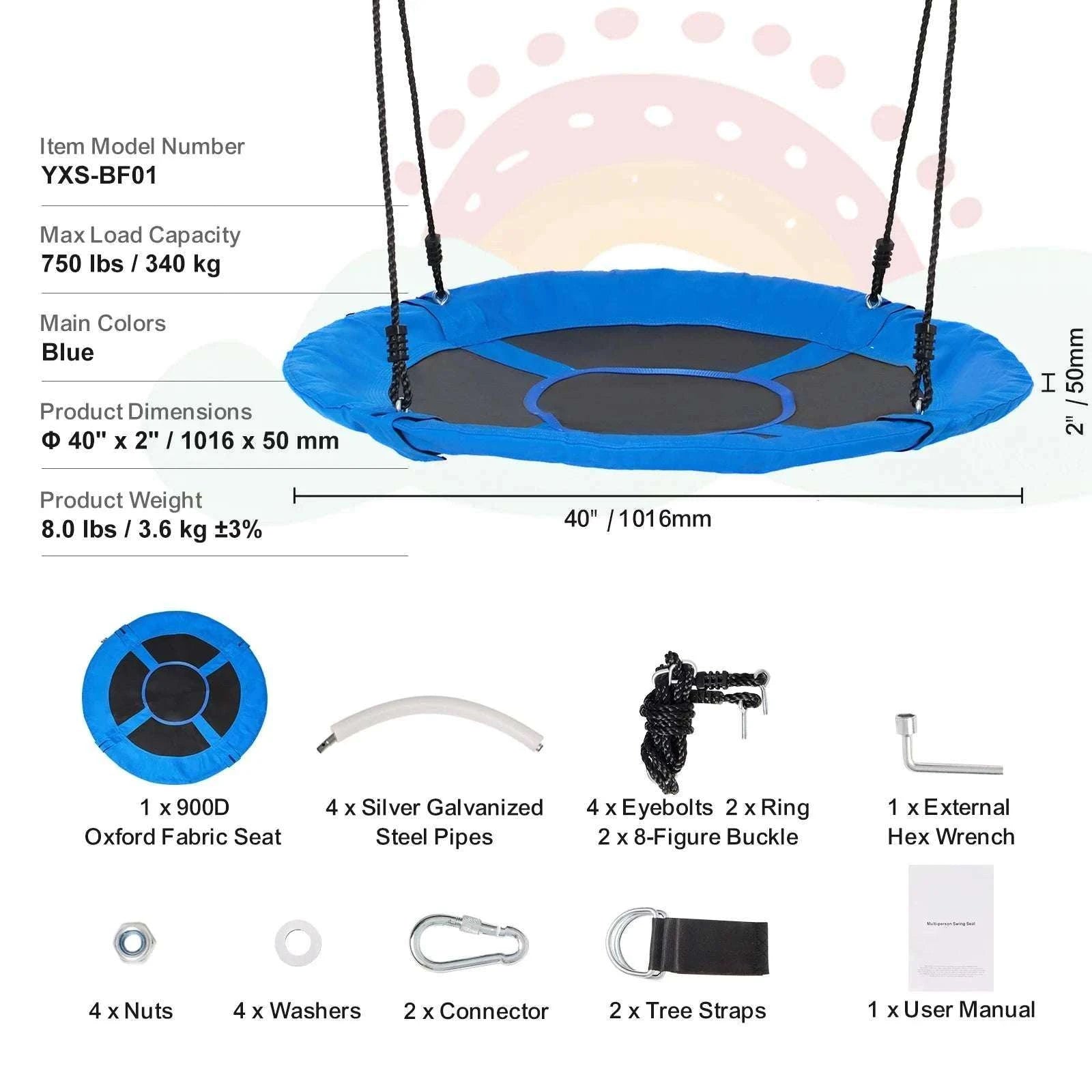 40" Tree Swing Saucer Seat 750lbs with Straps & Adjustable Ropes-Canvas 150lbs / CZECH REPUBLIC