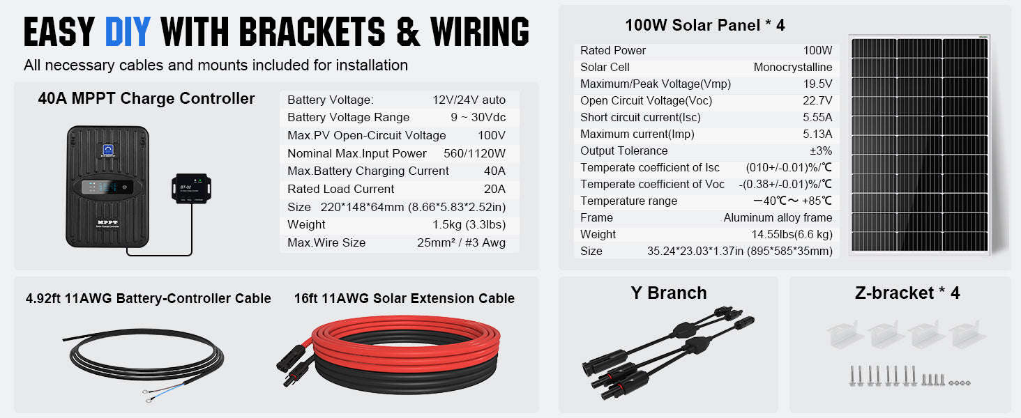 400W 12V Solar Panel Kit for Off-Grid Home, RV & Boat-black / United States