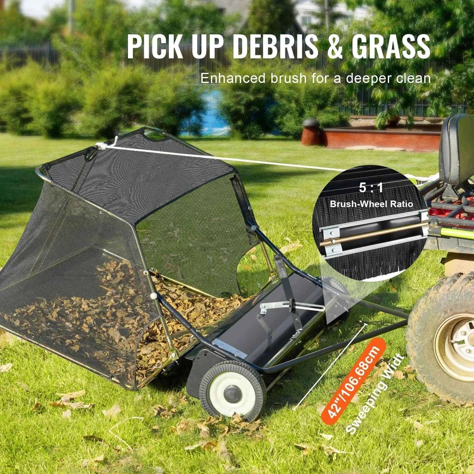 42-Inch Tow-Behind Lawn Sweeper, 12 cu.ft. Leaf and Grass Collector-Germany