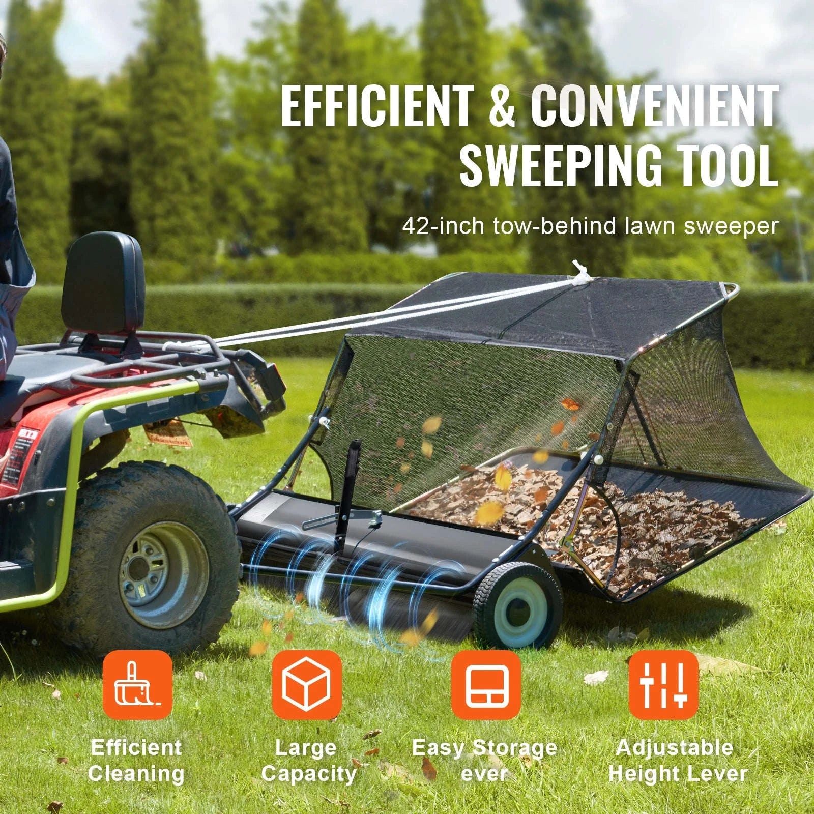 42-Inch Tow-Behind Lawn Sweeper, 12 cu.ft. Leaf and Grass Collector-Germany