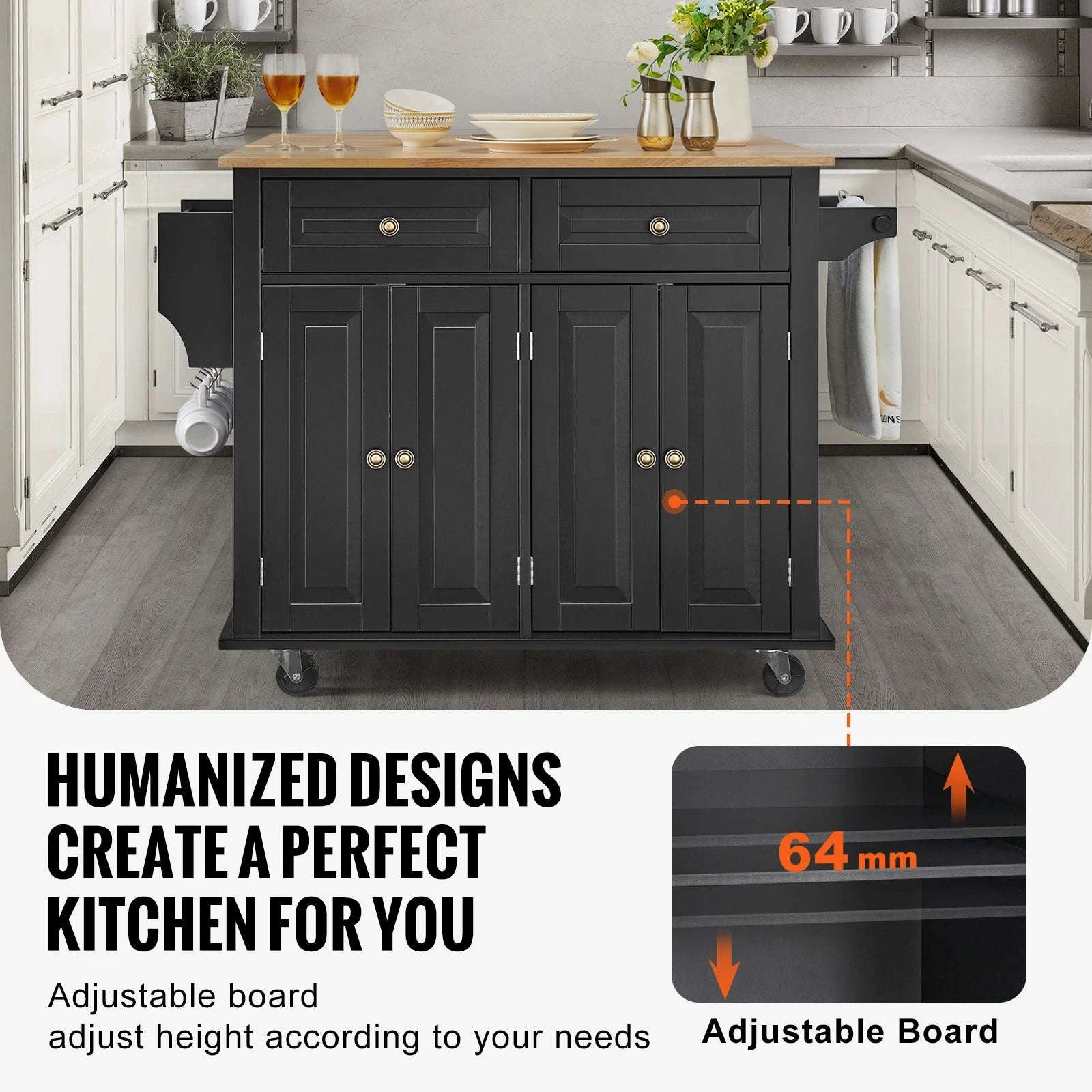 43-Inch Kitchen Island Cart with Wood Top, Storage Cabinet, Drop Leaf, Spice Rack and Towel Bar-black / spain