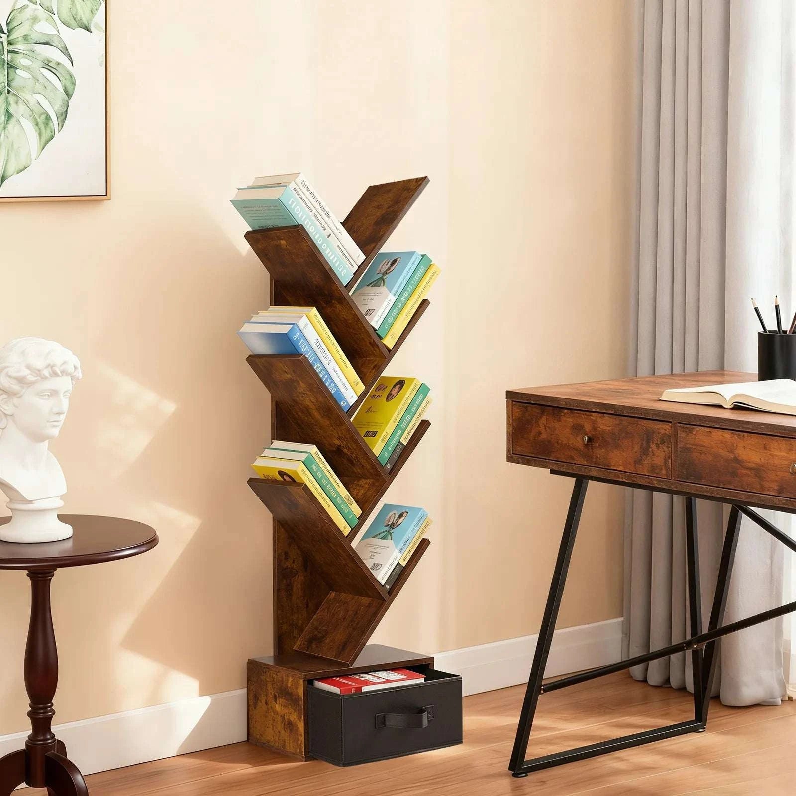 43in Tree Bookshelf with Drawer Slim 7-Tier Corner Bookcase-Rust / United States