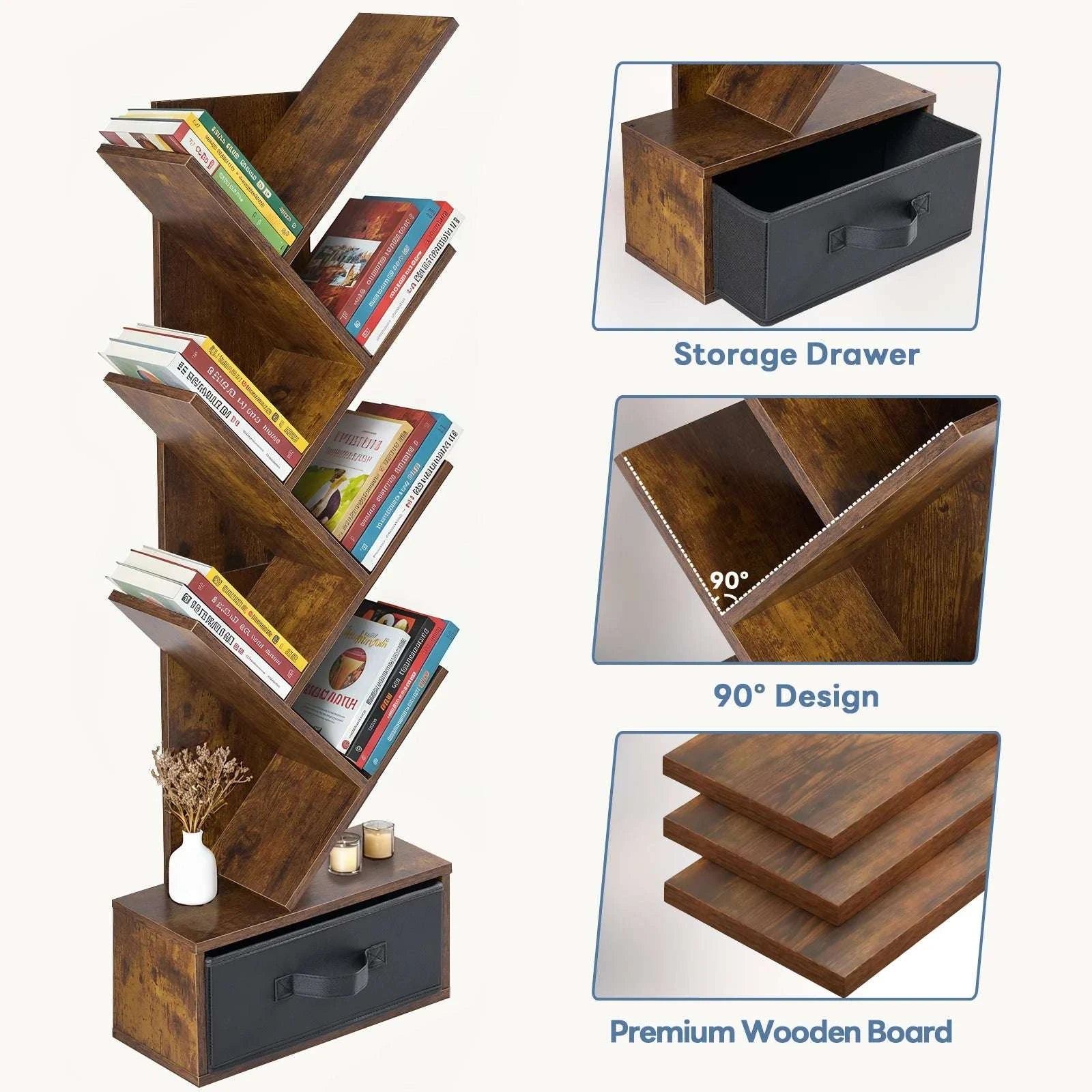 43in Tree Bookshelf with Drawer Slim 7-Tier Corner Bookcase-Rust / United States