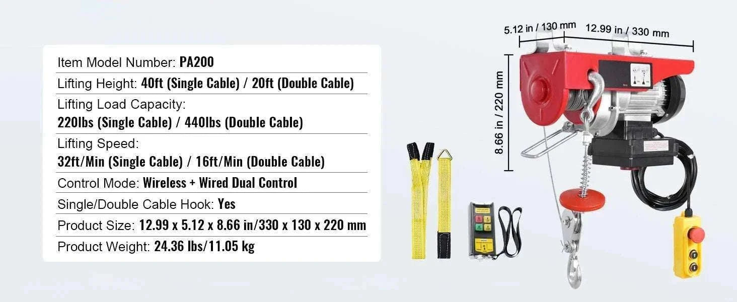440lb Wireless Electric Hoist with Remote, 40ft/20ft Lift System-440lbs / GERMANY